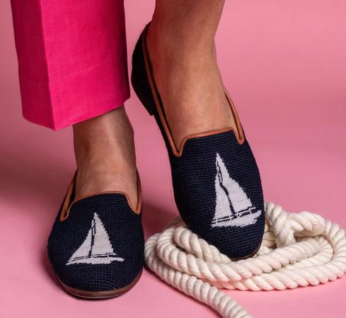 By Paige Needlepoint White Sailboat on Navy Ladies Loafers   Apparel & Accessories > Shoes > Loafers