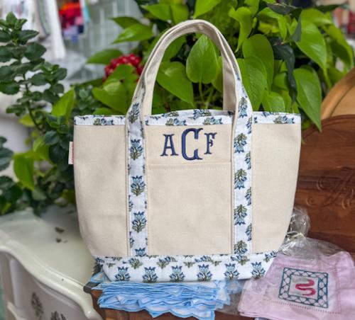Monogrammed Handy Block Print Open Tote Aqua-SHIPS MID AUGUST  Luggage & Bags > Shopping Totes